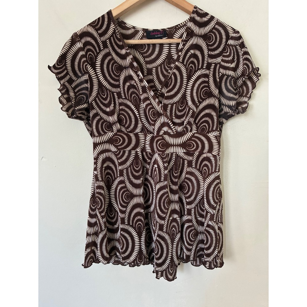 Notations Y2K Babydoll Brown White Swirl Plisse Empire Waist Top Large Fall